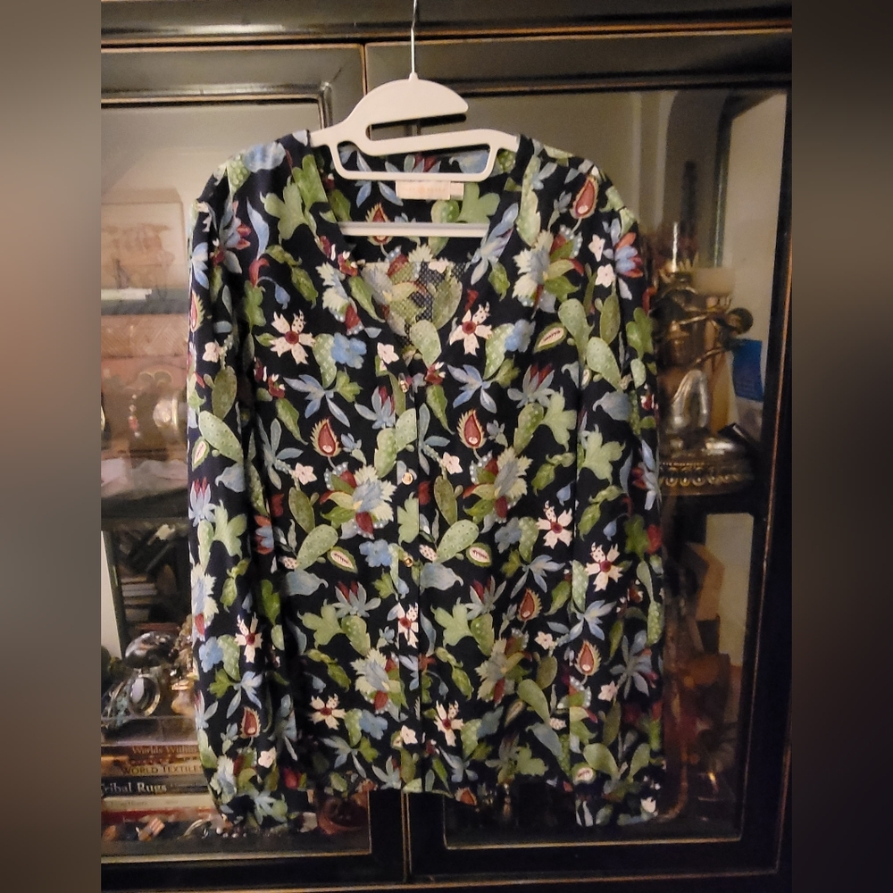 Tory Burch Black Floral Button-Front Blouse with Green & Blue Print